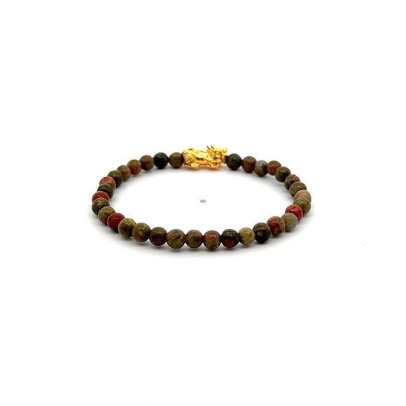 18K Gold Pixiu Piyao Bracelet Gemstone Mini Beads Unakite 4mm - Picture 4 of 5